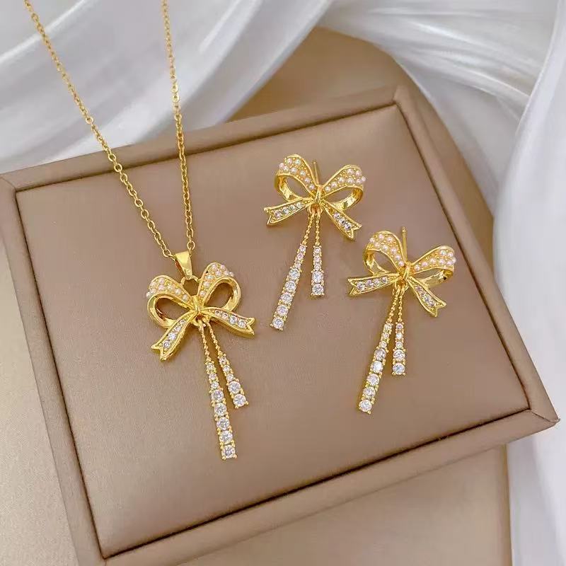 Titanium Steel Full Diamond Bow Tassel Jewelry Set