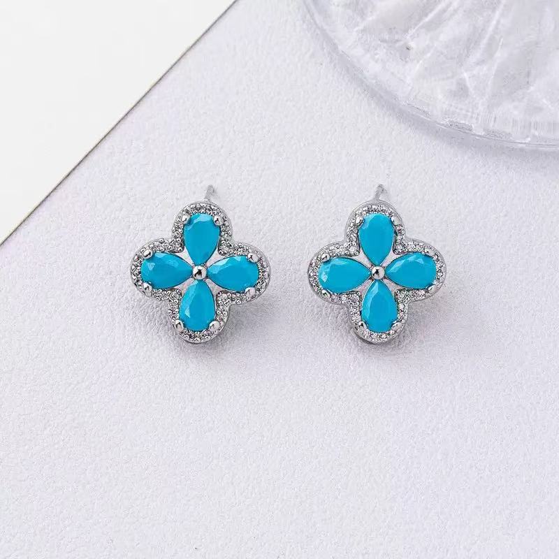Blue Turquoise Full Diamond Four-Leaf Clover Jewelry Set