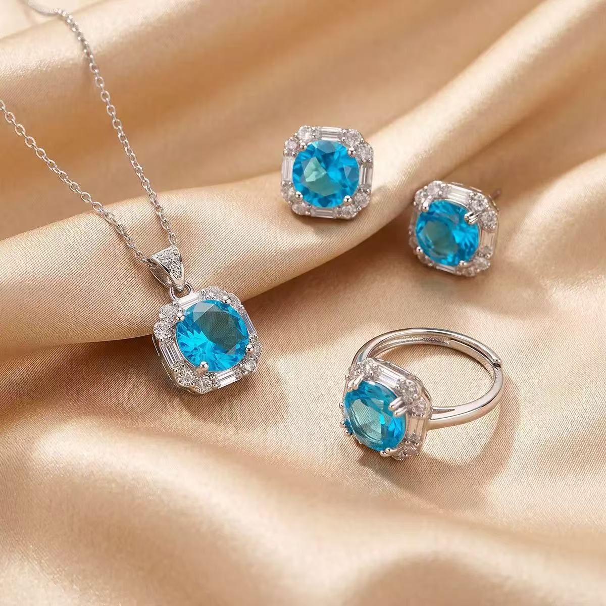 Copper Inlaid Geometric Blue Zircon Jewelry Set