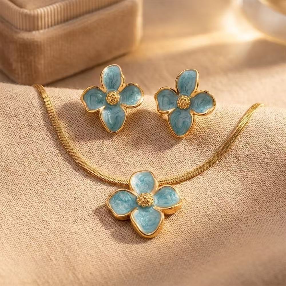 Titanium Steel Enamel Flower Necklace Set
