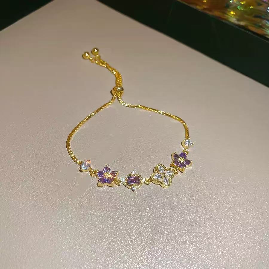 Purple Zirconia Flower Butterfly Copper Bracelet
