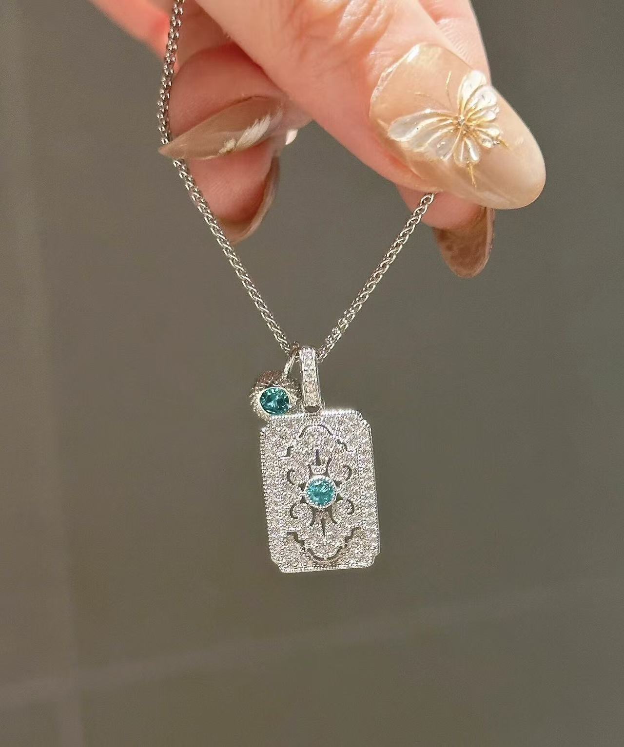 Vintage Silver Hollow Blue Diamond Lucky Pendant Necklace