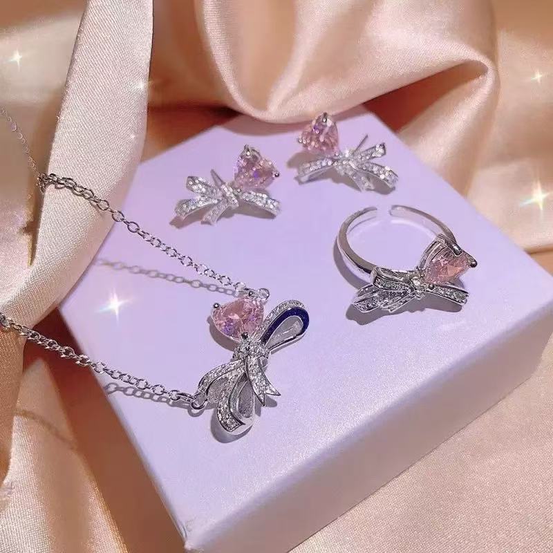 Pink Heart Bow Jewelry Set