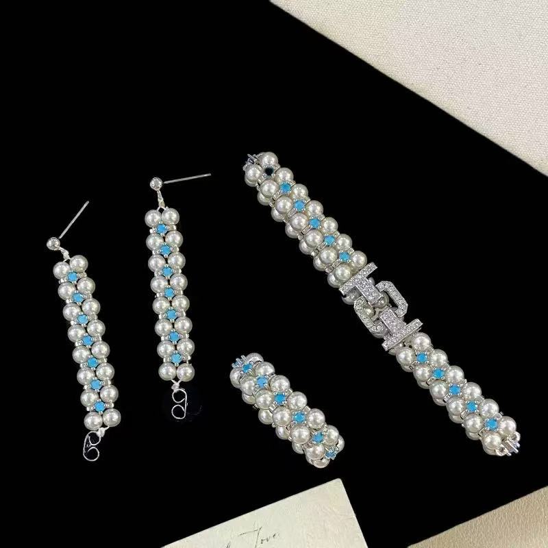 Blue Turquoise Woven Double Row Diamond Bracelet Set