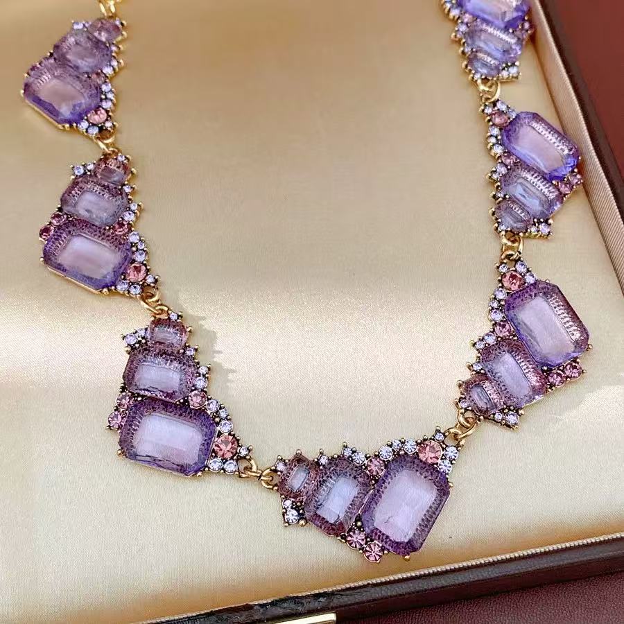 Vintage Amethyst Geometric Square Crystal Necklace