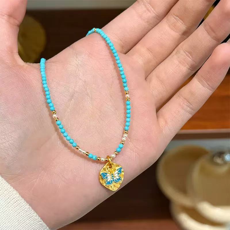 Luxury Colorful Brass Enamel Butterfly Turquoise Beaded Bracelet