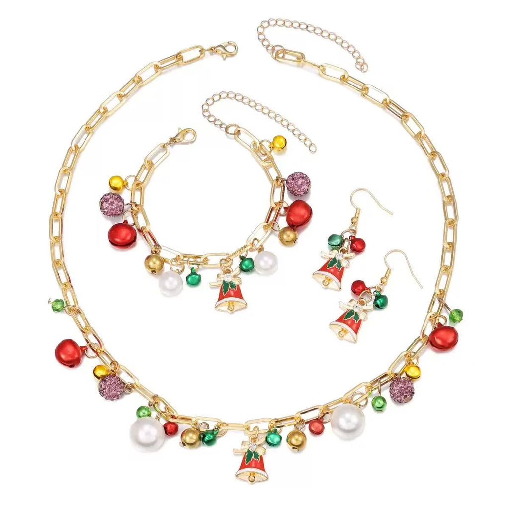 Christmas Bell & Pearl Jewelry Set – Earrings, Bracelet & Necklace