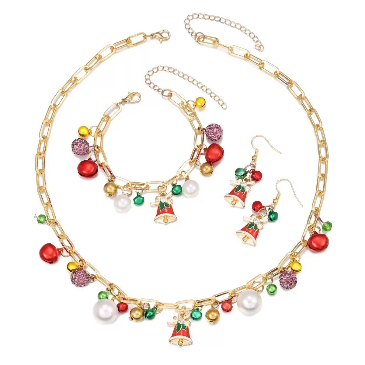Christmas Bell & Pearl Jewelry Set – Earrings, Bracelet & Necklace