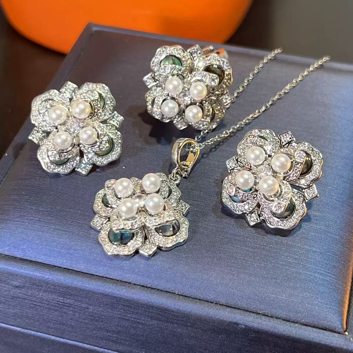 French Abalone Pearl Flower Jewelry Set