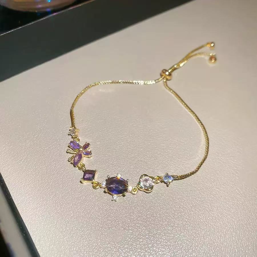 Purple Zirconia Flower Butterfly Copper Bracelet