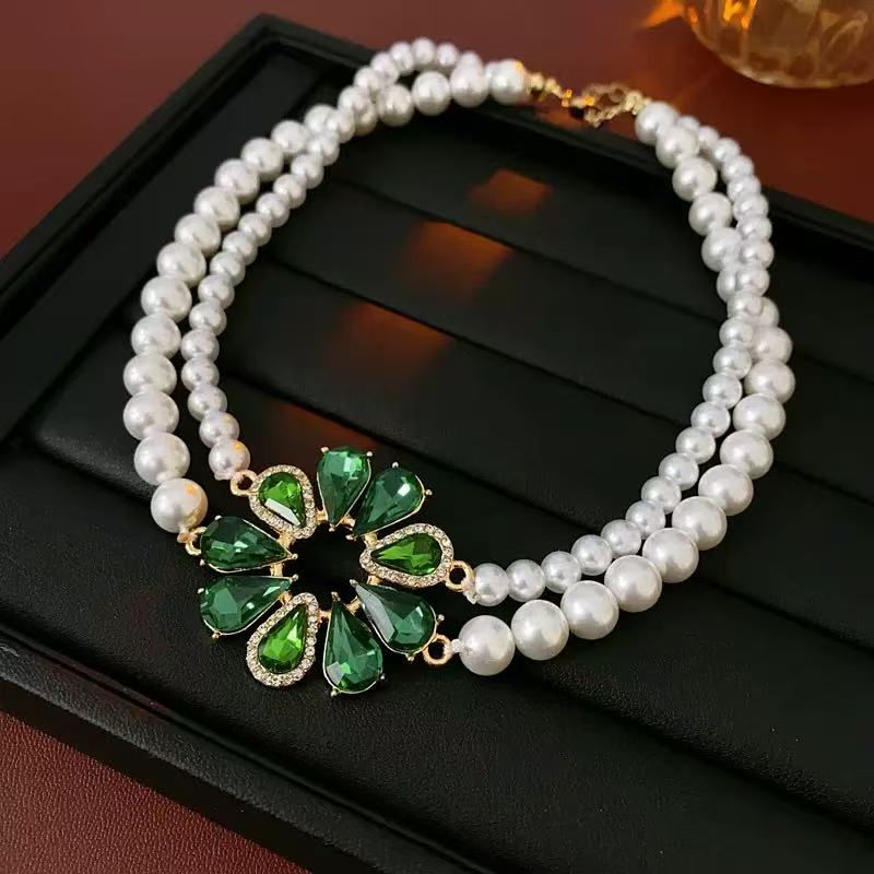 Luxury Pearl Green Crystal Flower Jewelry Set