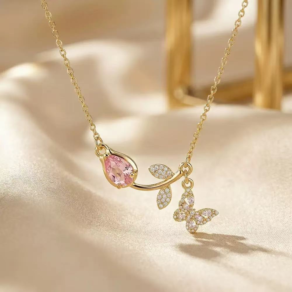 Copper Zirconia Tulip & Butterfly Necklace