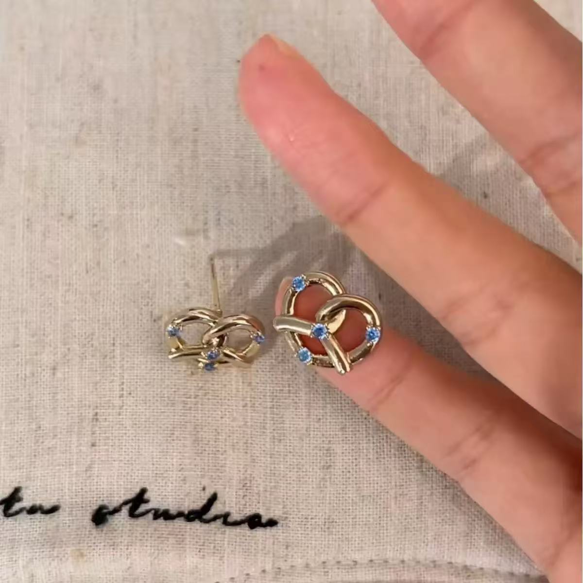 Coffee Gold-Tone Pretzel Knot & Blue Stone Jewelry Set