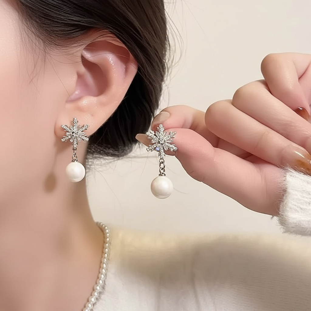 S925 Silver Snowflake Pearl Drop Earrings