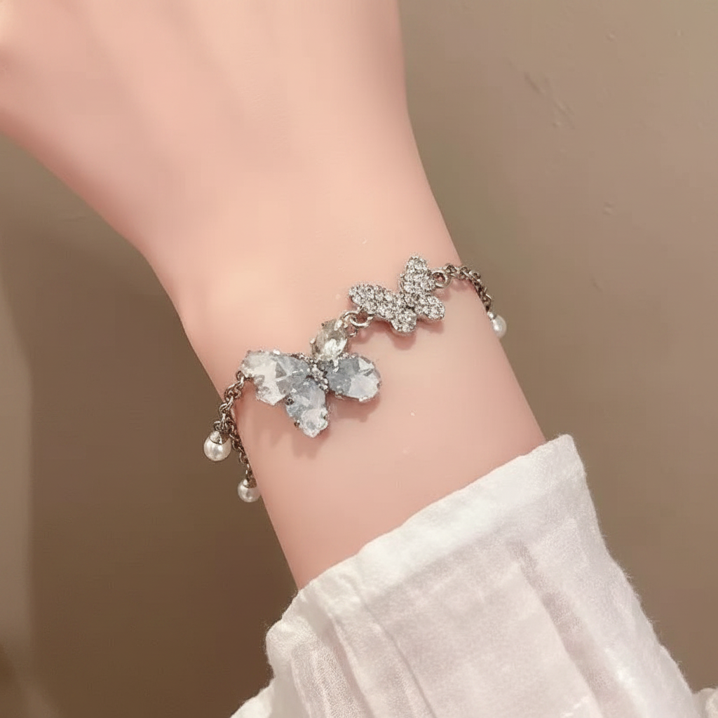 Icy Blue Crystal Butterfly Pearl Bracelet - lifestyle