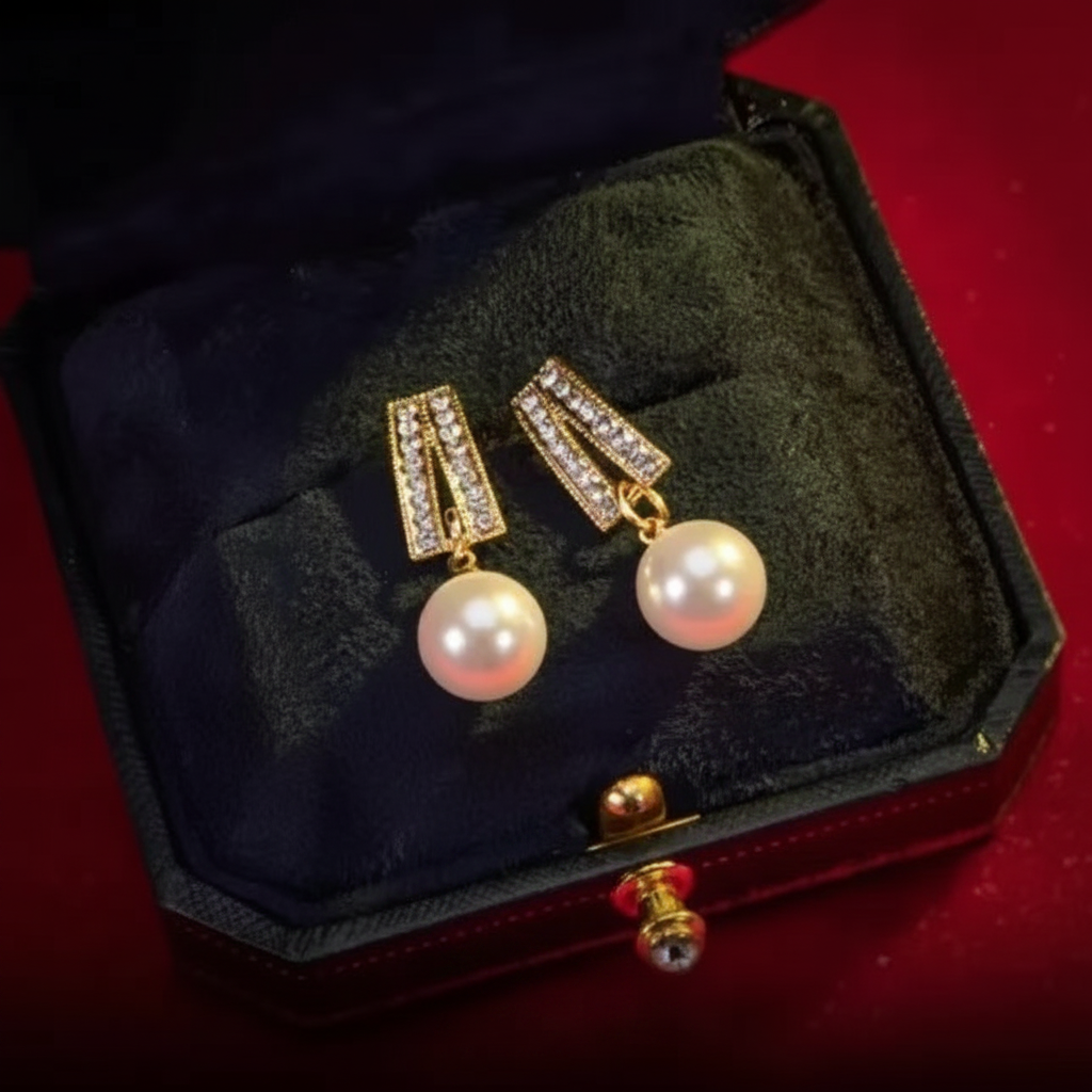 Gold Geometric Crystal Pearl Drop Earrings in velvet box