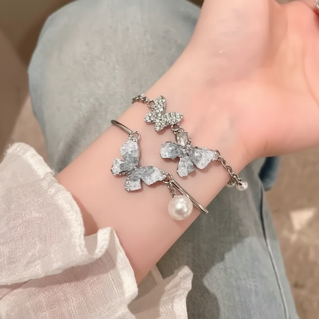 Icy Blue Crystal Butterfly Pearl Bracelet - worn on wrist