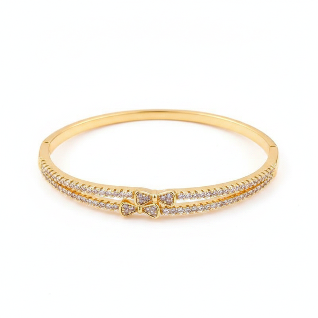 18K Gold Butterfly Bow Zircon Bangle white background