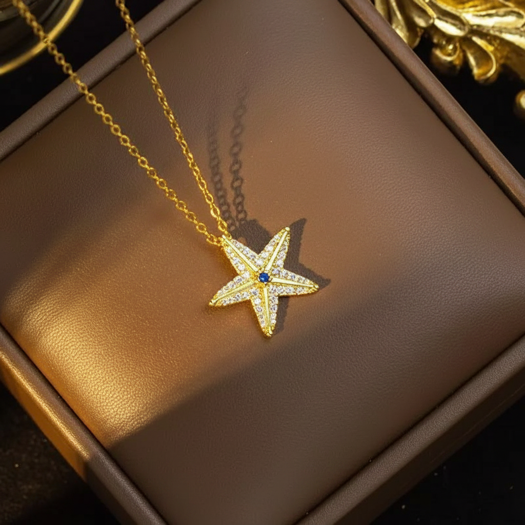 Titanium Steel Five-Pointed Star Blue Zircon Necklace